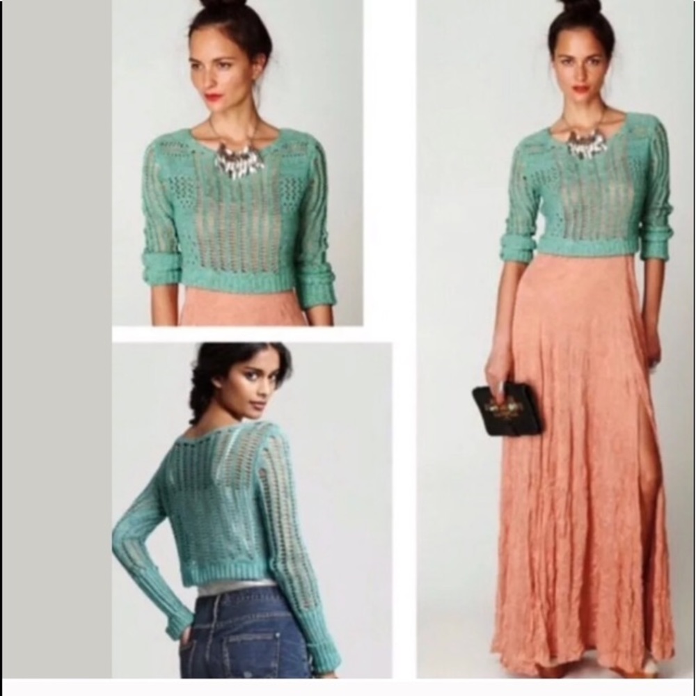 Free People Turquoise Open Knit Crop Sweater - Picture 2 of 7